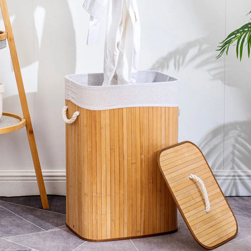 Bamboo Laundry Basket With Handles Laundry Hamper With Lid Foldable Home Storage Dirty Clothes Basket For Laundry Room Bathroom