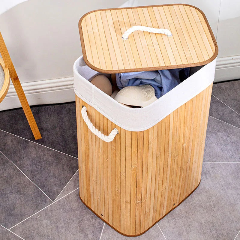 Bamboo Laundry Basket With Handles Laundry Hamper With Lid Foldable Home Storage Dirty Clothes Basket For Laundry Room Bathroom