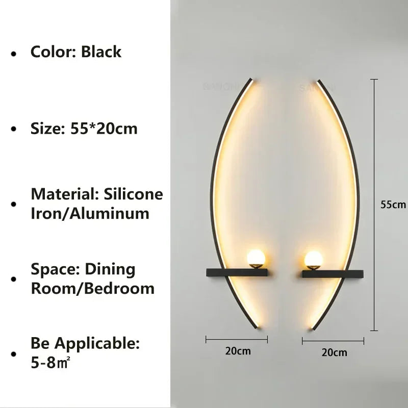 Modern LED Wall Lamps Minimalist Stripes Wall Sconce Decorative for Bedroom Bedside Home Living Room Background Lighting Luster - Color Temperature: Tricolor Light(no RC, Lampshade Color: Black 55cm (L-R)