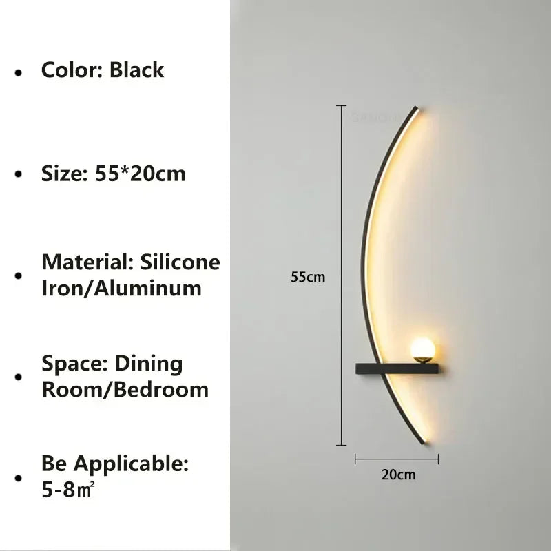 Modern LED Wall Lamps Minimalist Stripes Wall Sconce Decorative for Bedroom Bedside Home Living Room Background Lighting Luster - Color Temperature: Tricolor Light(no RC, Lampshade Color: Black Left 55CM
